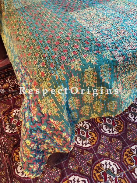 Ajrakh Green Seasonal Kantha-stitch Pure Cotton Dohar Spread Block Prints;Length 110 x Width 90 inches; RespectOrigins.com