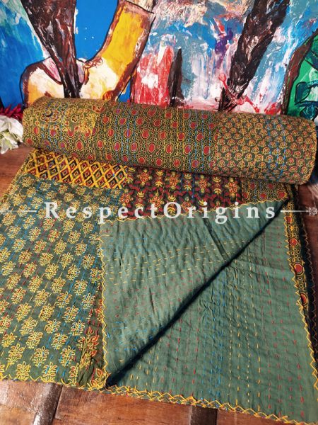Ajrakh Green Seasonal Kantha-stitch Pure Cotton Dohar Spread Block Prints;Length 110 x Width 90 inches; RespectOrigins.com