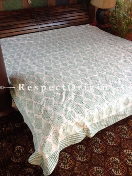 White n Pista Green Seasonal Kantha-stitch Pure Cotton Dohar Spread Block Prints; 110 x 90 Inches; RespectOrigins.com