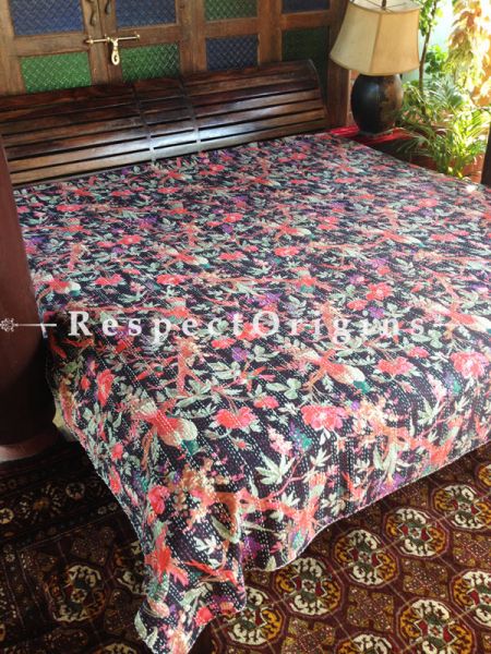 Black n Orange Floral Seasonal Kantha-stitch Pure Cotton Dohar Spread Block Prints;Length 110 x Width 90 Inches; RespectOrigins.com