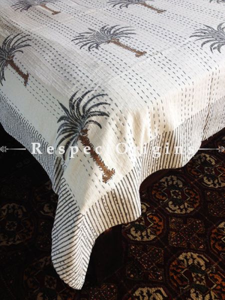 White with Palm Tree Print Kantha-stitch Blanket Pure Cotton Dohar Spread Block Prints; Length 110 x Width 90 Inches; RespectOrigins.com