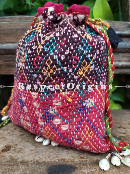 Pink Kantha Quilted Cotton Potli Drawstring Grooming/ Toiletry Cotton Bag; 10 X 8 Inches; RespectOrigins.com
