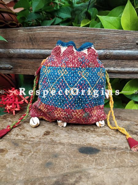 Beautiful Blue and Pink Kantha Quilted cotton Potli Drawstring Grooming/ Toiletry Cotton Bag; 10 X 8 Inches; RespectOrigins.com