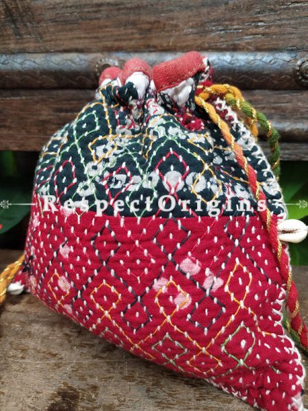 Beautiful Black and Pink Kantha Quilted cotton Potli Drawstring Grooming/ Toiletry Cotton Bag; 10 X 8 Inches; RespectOrigins.com
