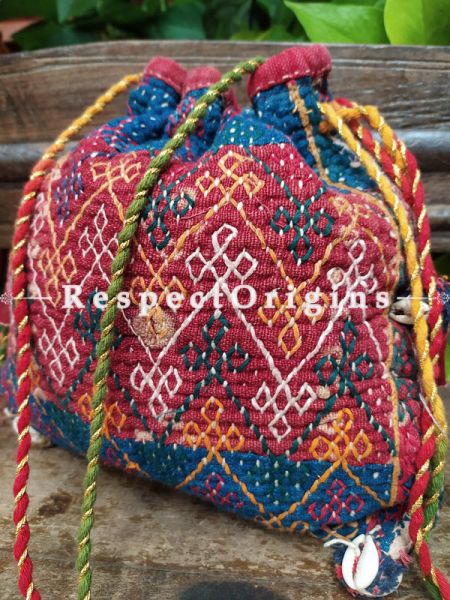 Attractive Blue and Pink Kantha Quilted cotton Potli Drawstring Grooming/ Toiletry Cotton Bag; 10 X 8 Inches; RespectOrigins.com