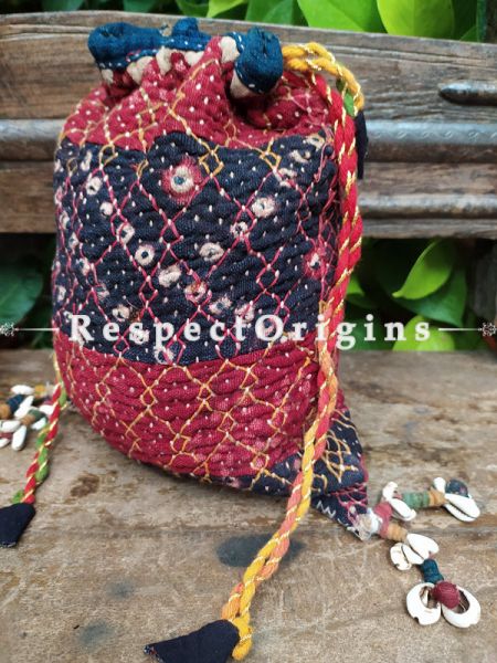 Gorgeous Red and Blue Kantha Quilted Cotton Potli Drawstring Grooming/ Toiletry Cotton Bag; 10 X 8 Inches; RespectOrigins.com