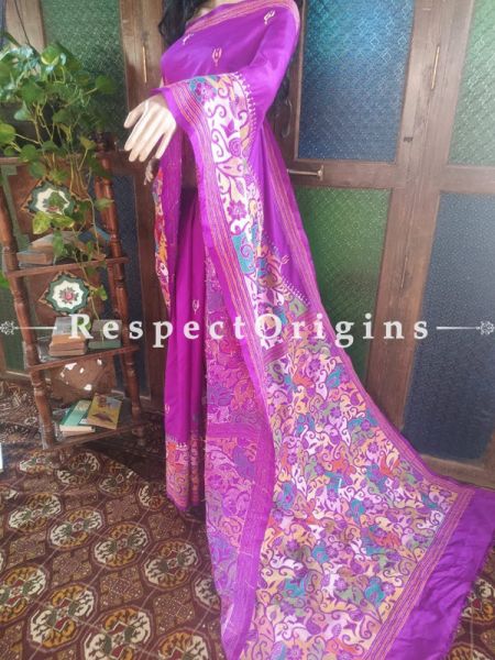 Purple Kantha Stitch Thread Work Silk Saree; Floral Design All-Over; Blouse Included; RespectOrigins.com