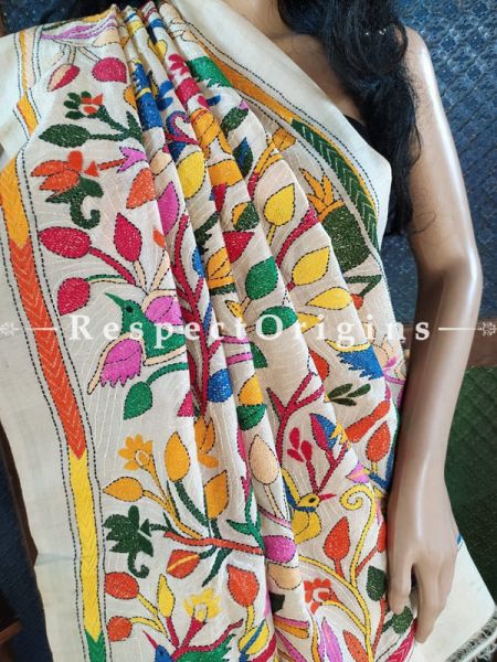 Beige Kantha Stitch Thread Work Silk Saree; Floral Design All-Over; Blouse Included; RespectOrigins.com