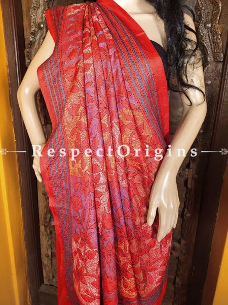 Red Kantha Stitch Thread Work Silk Saree; Floral Design All-Over; Blouse Included; RespectOrigins.com