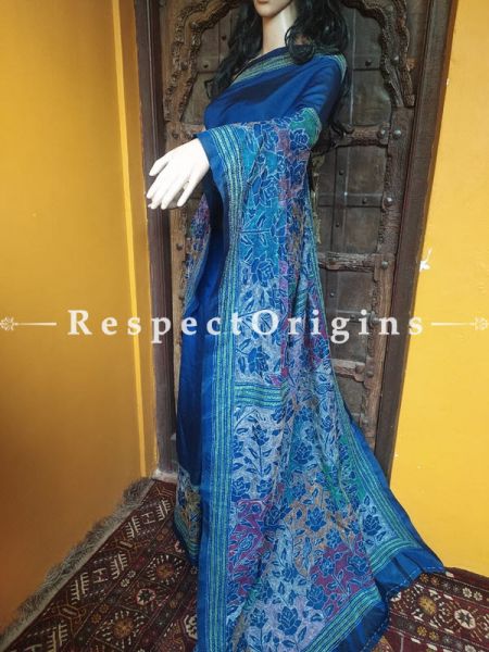 Intricate Blue Kantha Stitch Thread Work Silk Saree; Floral Design All-Over; Blouse Included; RespectOrigins.com