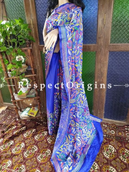 Unique Intricate Floral Design Blue Kantha Stitch Thread Work Silk Saree; Blouse Included; RespectOrigins.com