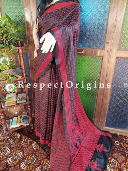 Elegant Kantha Stitch Red on Black Base Silk Saree; Floral Design All-Over; Blouse Included; RespectOrigins.com