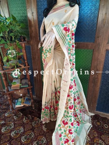 Stunning Kantha Stitch Beige Silk Saree; Floral Design All-Over; Blouse Included; RespectOrigins.com