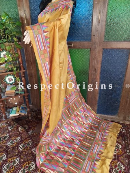 One of a Kind Kantha Stitch Mustard Silk Saree; Geometrical Design All-Over; Blouse Included; RespectOrigins.com