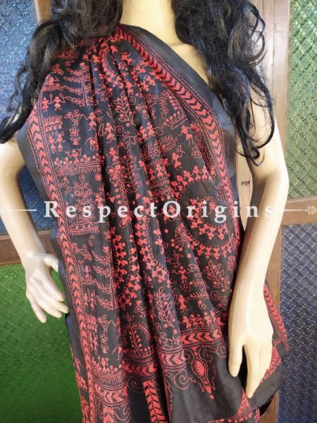 Stunning Kantha Stitch Red on Black Base Silk Saree; Intricate Tribal Motifs; Blouse Included; RespectOrigins.com