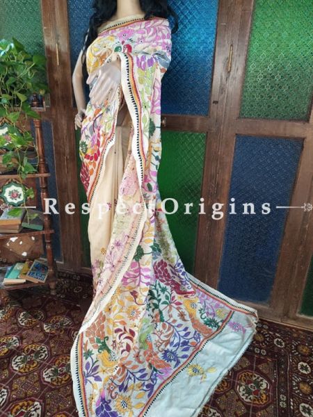 Beautiful Kantha Stitch Beige Silk Saree; Floral Design; Blouse Included; RespectOrigins.com