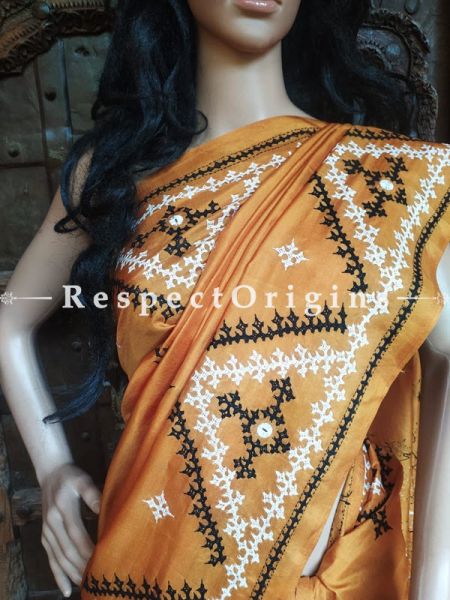 Intricate Kantha Embroidered Mustard Silk Saree; Blouse Included; RespectOrigins.com