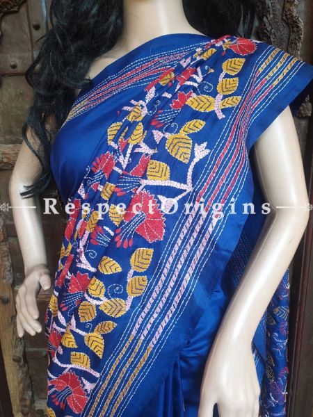 Intricate Kantha Embroidered Blue Silk Saree; Floral Design All-Over; Blouse Included; RespectOrigins.com