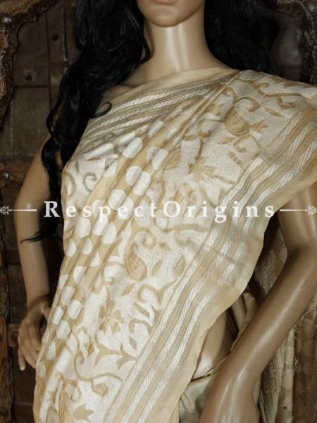 Gorgeous Beige Kantha Stitch Silk Saree; Floral Design All-Over; Blouse Included; RespectOrigins.com