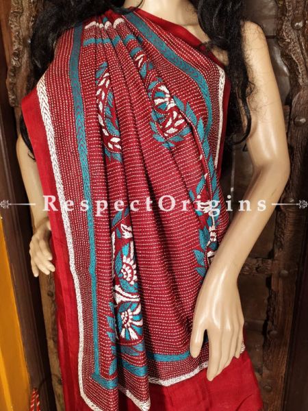 Unique Kantha Stitch White and Blue on Red Silk Saree; Floral Design All-Over; Blouse Included; RespectOrigins.com