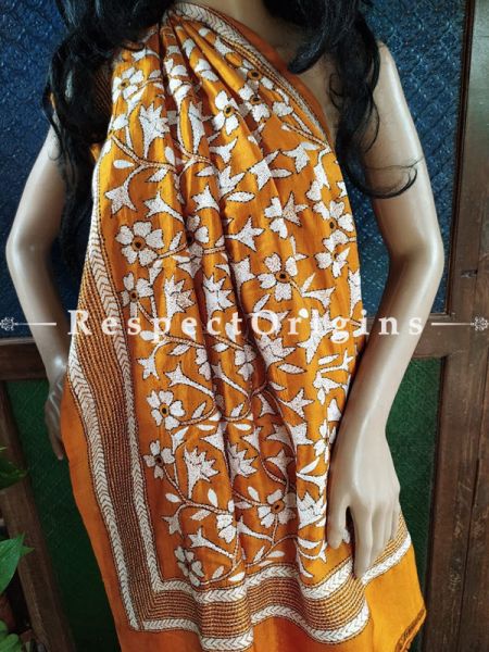 Elegant Kantha Stitch Orange Silk Saree; Floral Design All-Over; Blouse Included; RespectOrigins.com