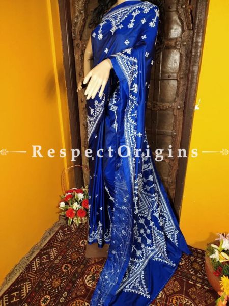 Stunning Kantha Stitch Blue Silk Saree; Floral Design All-Over; Blouse Included; RespectOrigins.com