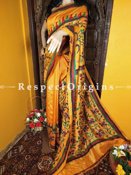 Fabulous Kantha Stitch Orange Silk Saree; Floral Design All-Over; Blouse Included; RespectOrigins.com