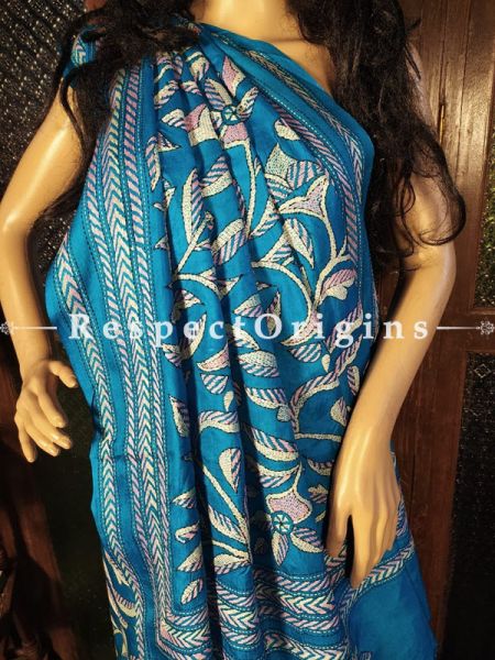 One of a Kind Kantha Stitch Blue Silk Saree; Floral Design All-Over; Blouse Included; RespectOrigins.com