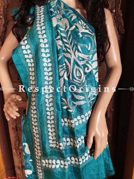 Splendid Kantha Stitch Blue Silk Saree; Floral Design All-Over; Blouse Included; RespectOrigins.com