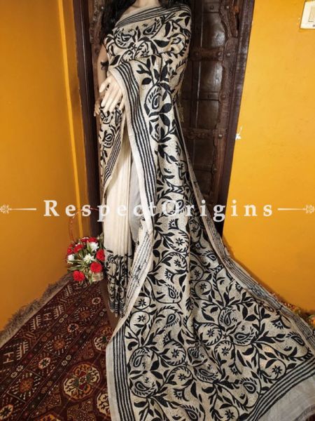 Classic Kantha Stitch Black on Beige Silk Saree; Floral Design All-Over; Blouse Included; RespectOrigins.com