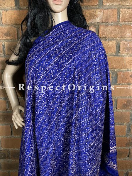 Exquisite Silken Kantha Embroidered Blue Stole, Dupatta, Shawl; RespectOrigins.com