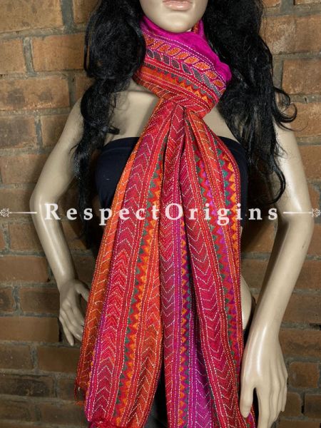 Appealing Silken Kantha Embroidered Pink & Orange Stole, Dupatta, Shawl; RespectOrigins.com