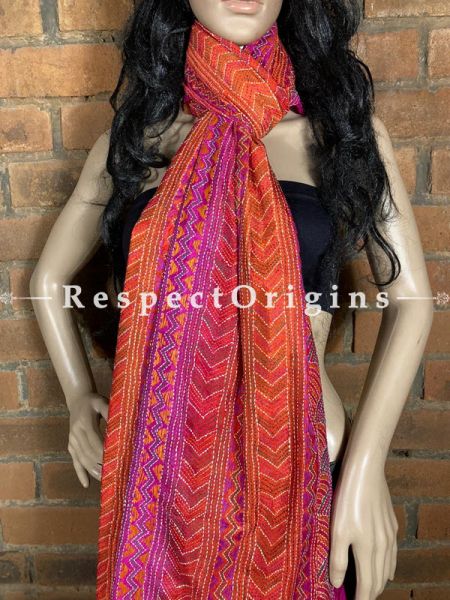 Magnificent Silken Kantha Embroidered Orange and Pink Stole, Dupatta, Shawl; RespectOrigins.com