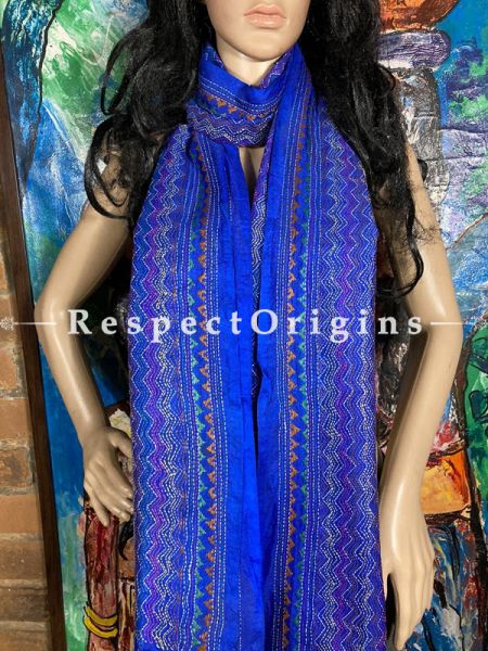 Beautiful Silken Kantha Embroidered Blue Stole, Dupatta, Shawl; RespectOrigins.com