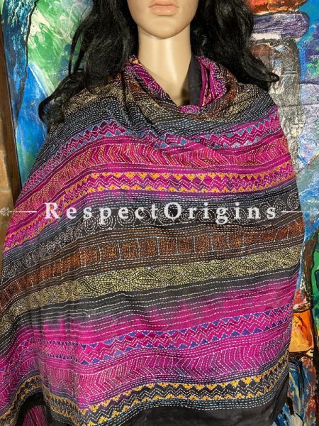Magnificent Silken Kantha Embroidered Multicoloured Stole, Dupatta, Shawl; RespectOrigins.com