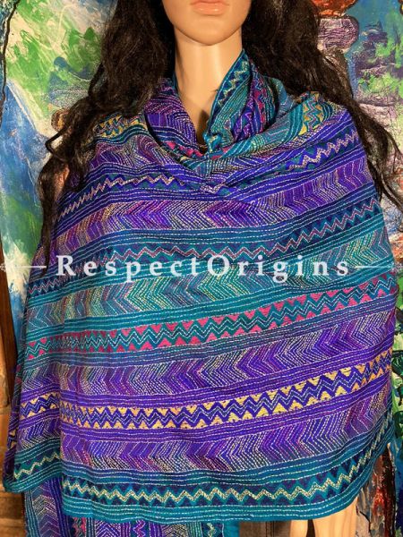 Elegant Silken Kantha Embroidered Blue Stole, Dupatta, Shawl; RespectOrigins.com