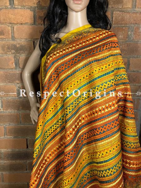 Fabulous Silken Kantha Embroidered Yellow & Orange Stole, Dupatta, Shawl; RespectOrigins.com