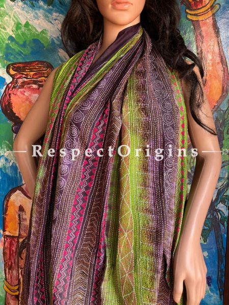 Fabulous Silken Kantha Embroidered Neon Green & Violet Stole, Dupatta, Shawl; RespectOrigins.com