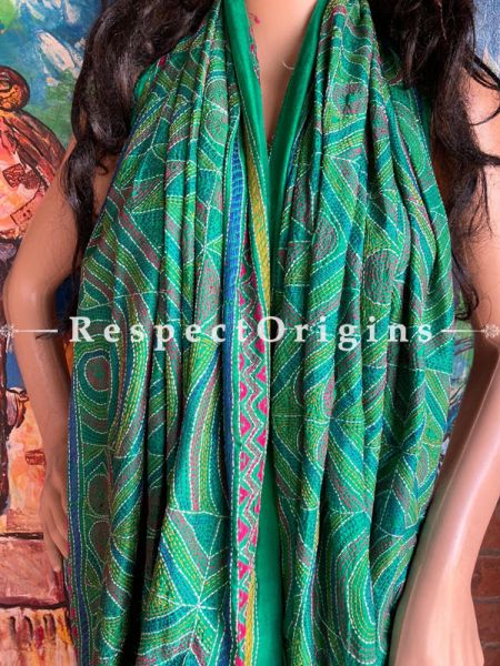 Fabulous Silken Kantha Embroidered Green Stole, Dupatta, Shawl; RespectOrigins.com