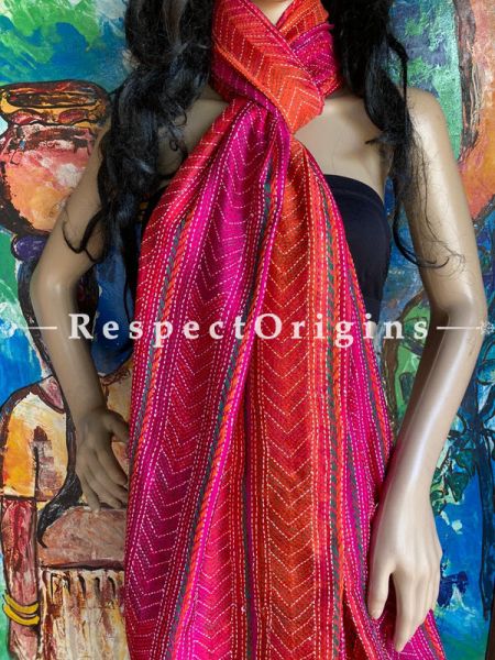 Stunning Silken Kantha Embroidered Orange and Pink Stole, Dupatta, Shawl; RespectOrigins.com