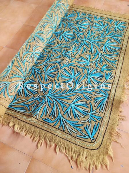 Light Brown and Blue Floral Design Felted Namda Woolen Rug With Crewel Work; 8x5.5 Ft; RespectOrigins.com