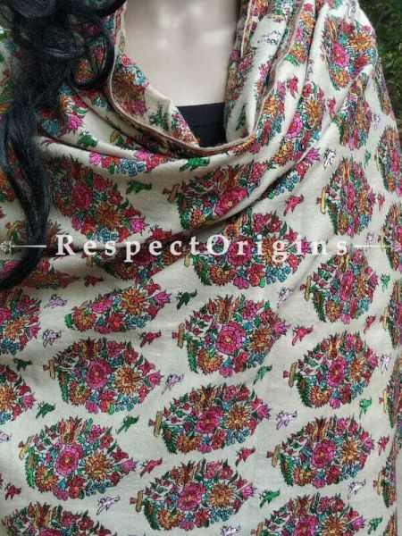 Buy Kashmiri Ladies Pashmina Shawl, White base, Sozni Embroidery, 80x36 in At RespectOriigns.com