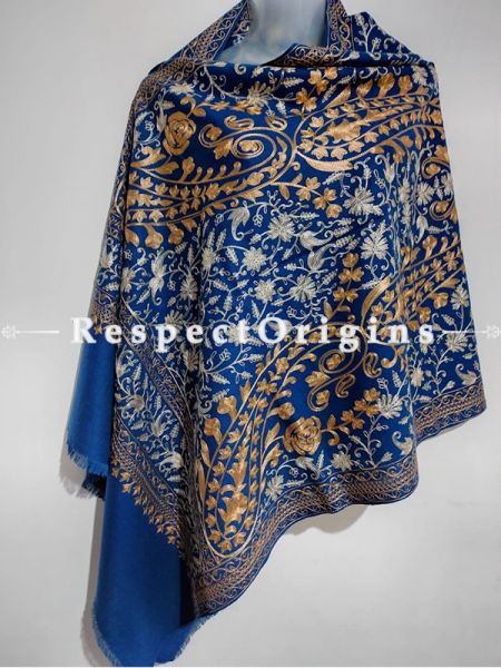Kashmiri Kashidakari Golden-White Embroidery on Blue Shawl Stole Gift; RespectOrigins.com