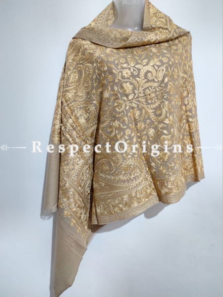 Kashmiri Kashidakari Golden Embroidered on Beige Shawl Stole Gift; RespectOrigins.com