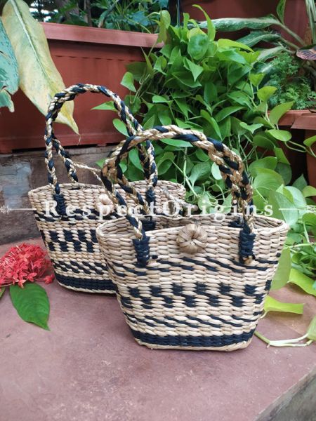Black and White  Handwoven Organic Kauna Grass Natural and Black Braided Shopping or Beach Hand Bag; Height- 7 Inches, Width- 4 Inches, Depth- 10 Inches at Respectorigins.com