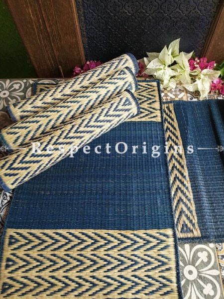 Hand-braided Organic Kora Grass Table Runner, Mats and Napkin Rings in a Blue Set of 6; Eco-friendly at RespectOrigins