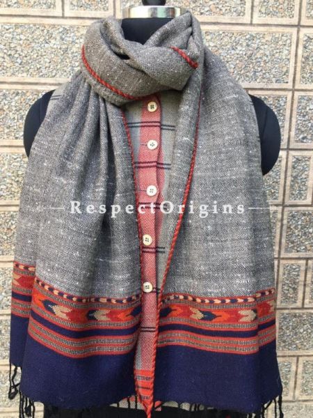 Grey with Blue Base Pure wool Unisex Himalayan Kullu Scarf for Men and Women; RespectOrigins.com