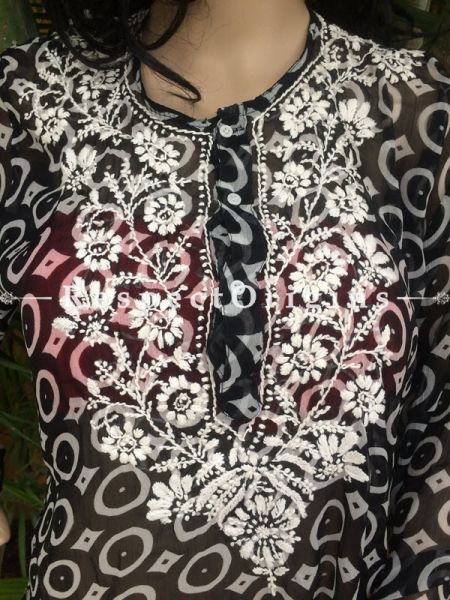 Ladies Black Chikankari Embroidered Short Chiffon Kurti; RespectOrigins.com