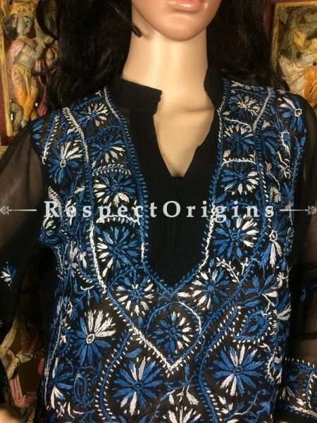 Ladies Black Georgette Long Blue & White Chikankari Embroidery Work; RespectOrigins.com