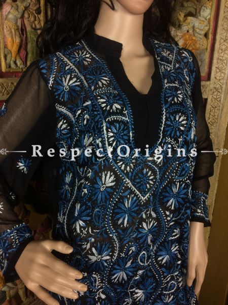 Ladies Black Georgette Long Blue & White Chikankari Embroidery Work; RespectOrigins.com
